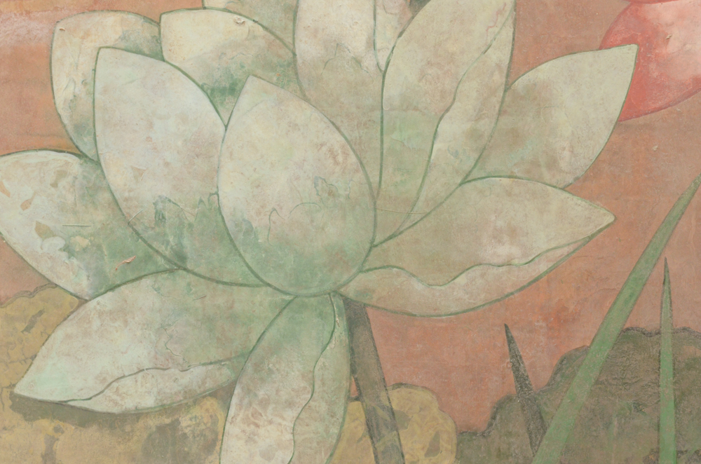 Chinese Style Painting on Board of Crane and Lotus Flowers