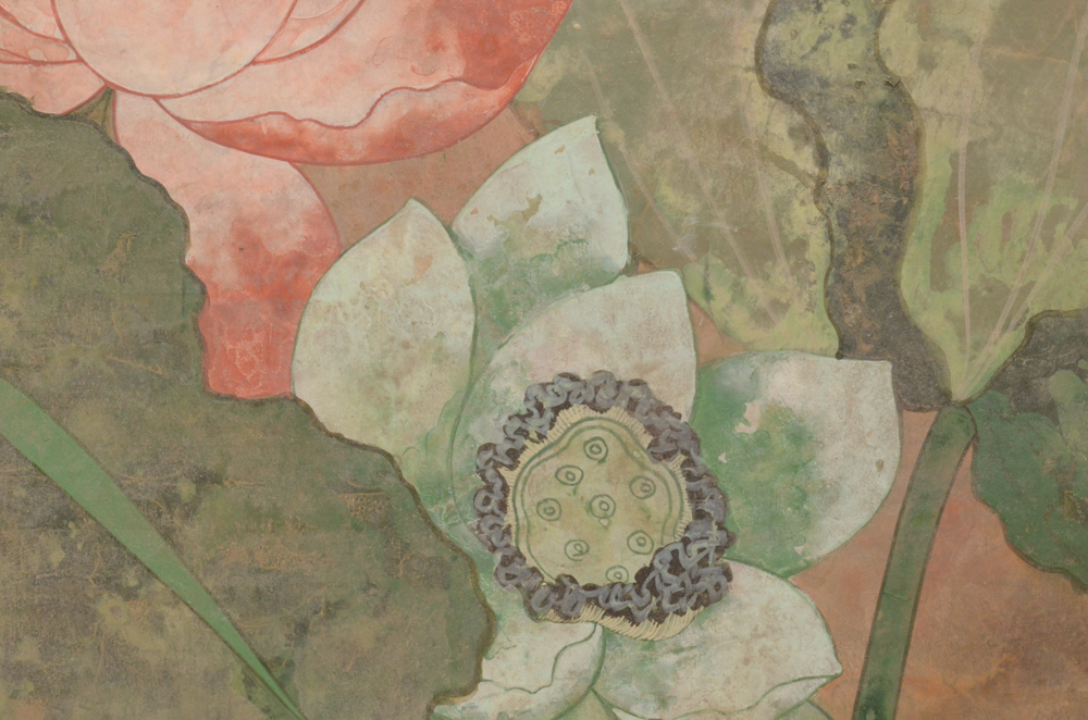 Chinese Style Painting on Board of Crane and Lotus Flowers