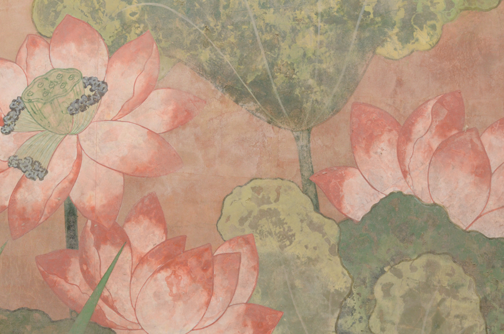Chinese Style Painting on Board of Crane and Lotus Flowers