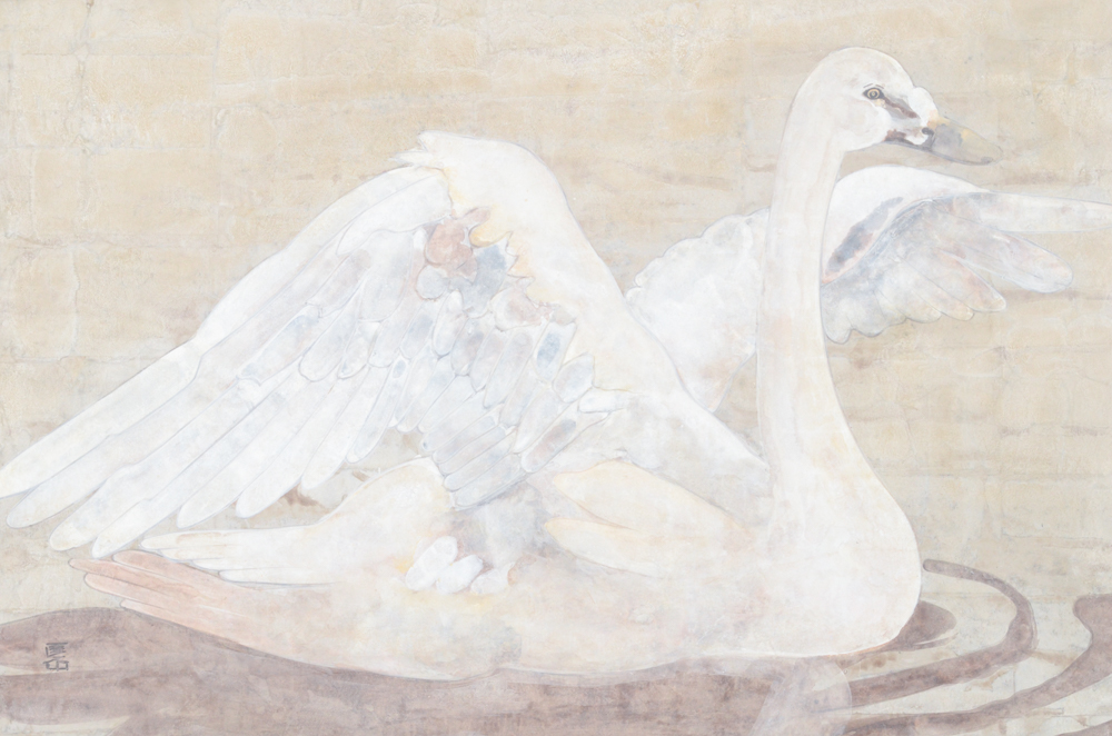 Chinese Style Painting on Wood of Swan