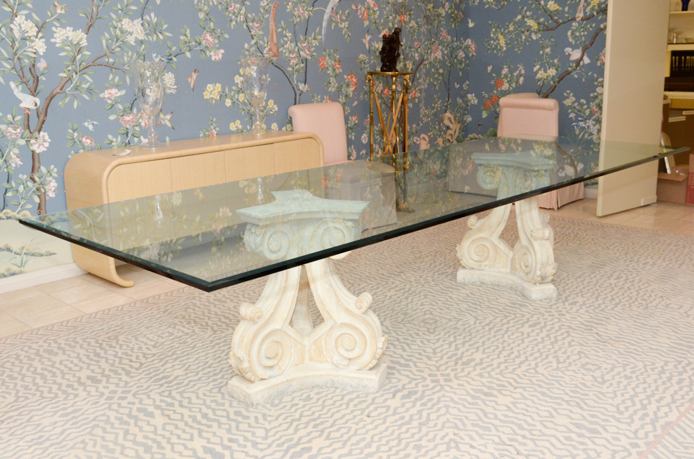 Greco-Roman Style Pedestal Glass Top Dining Table