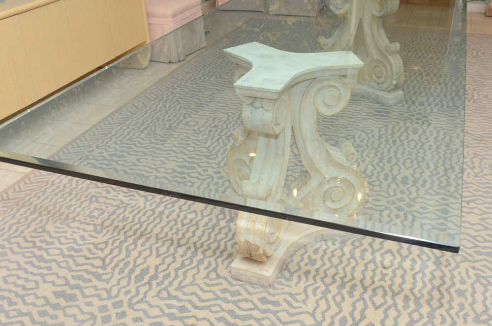 Greco-Roman Style Pedestal Glass Top Dining Table