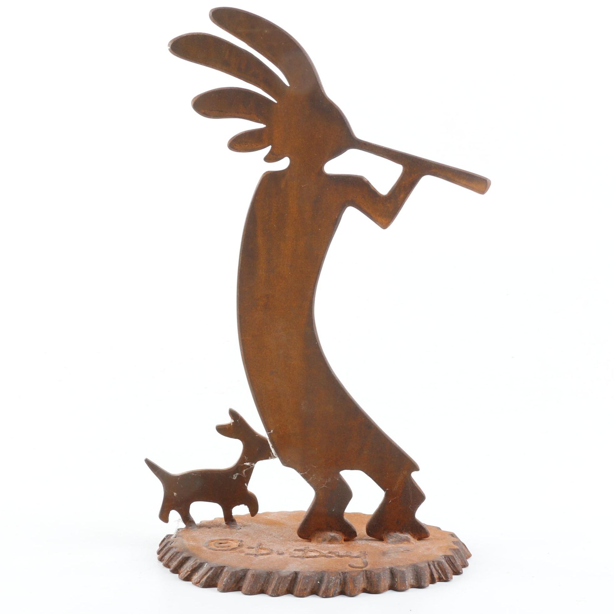 Iron Sculpture of Kokopelli and Dog