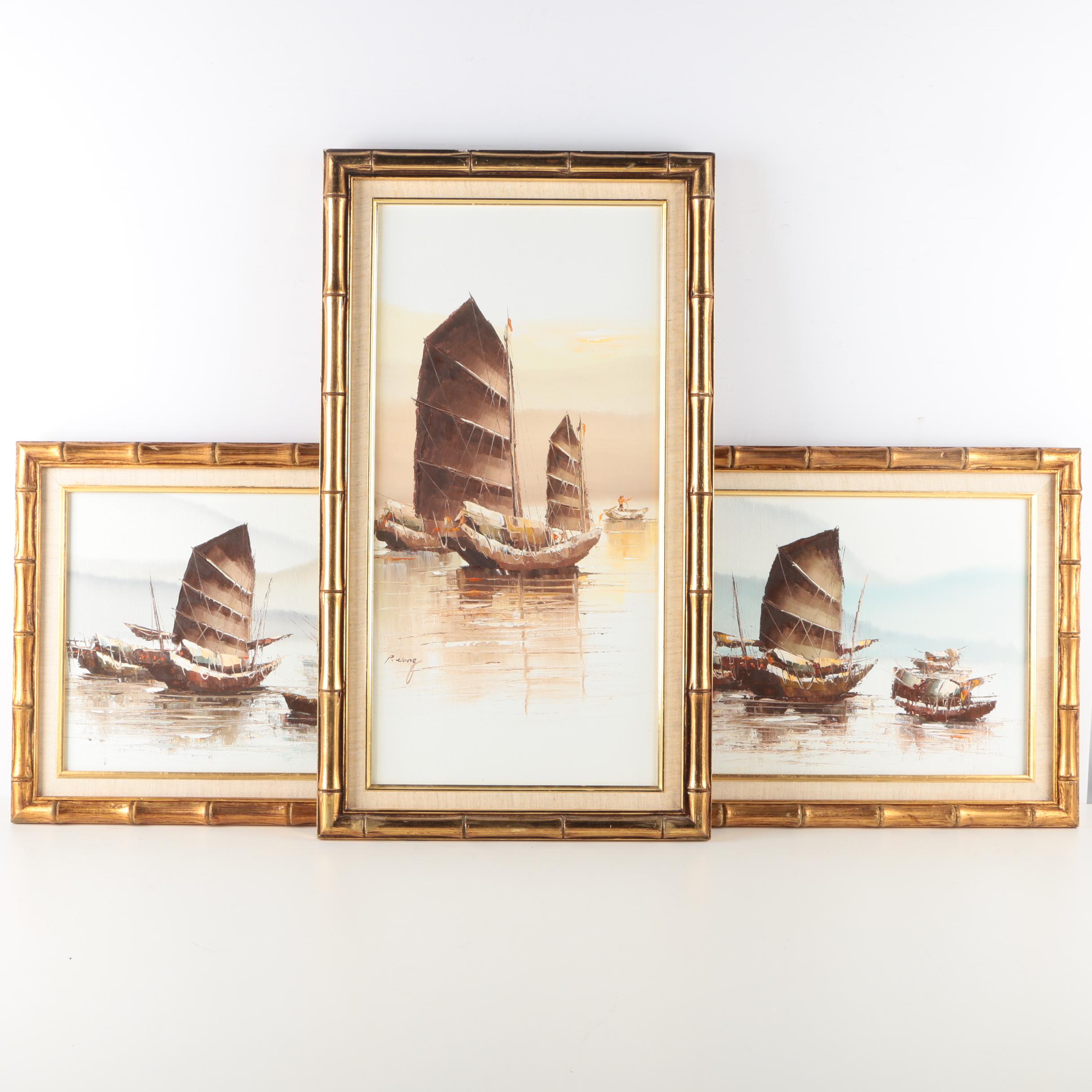 P. Wong Oil Paintings on Canvas of Chinese Boats