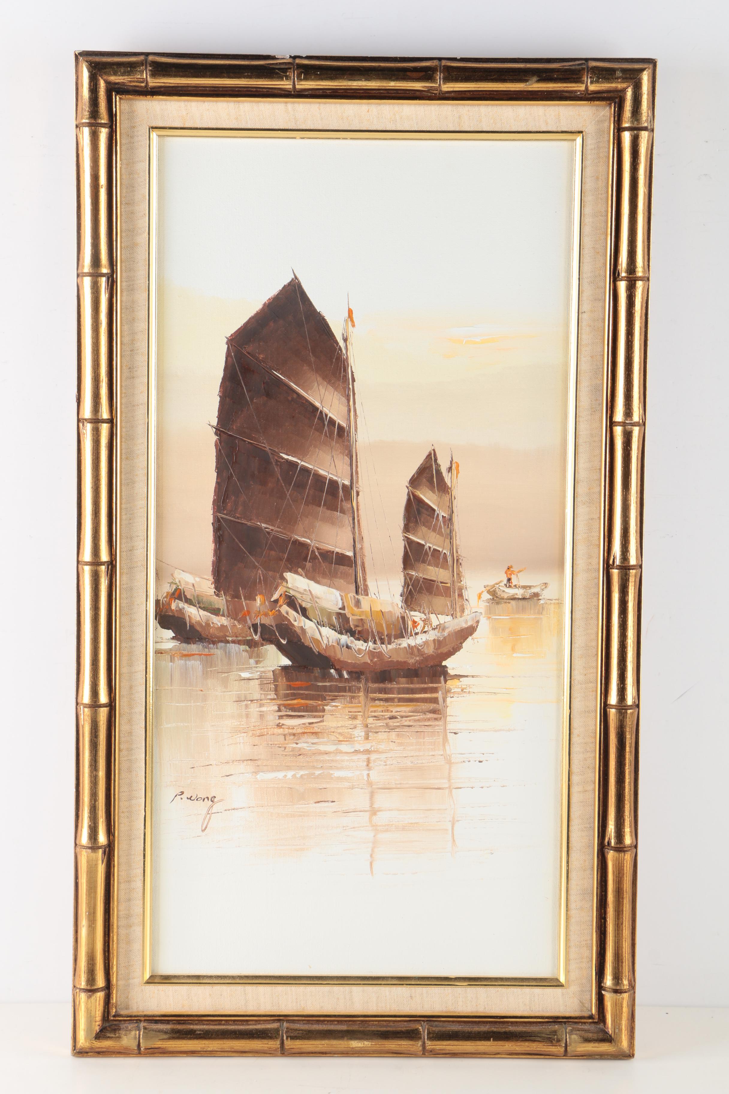 P. Wong Oil Paintings on Canvas of Chinese Boats