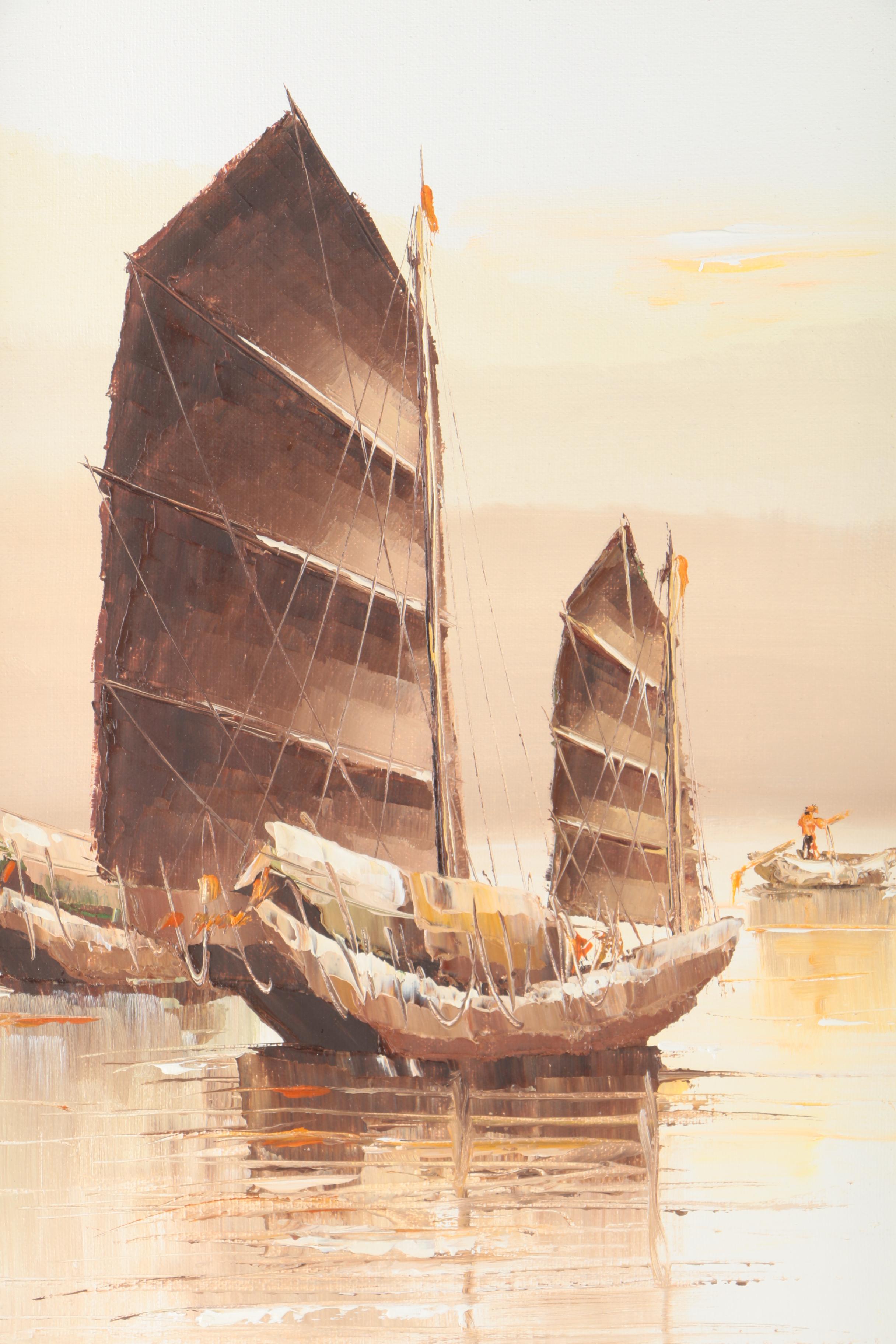 P. Wong Oil Paintings on Canvas of Chinese Boats