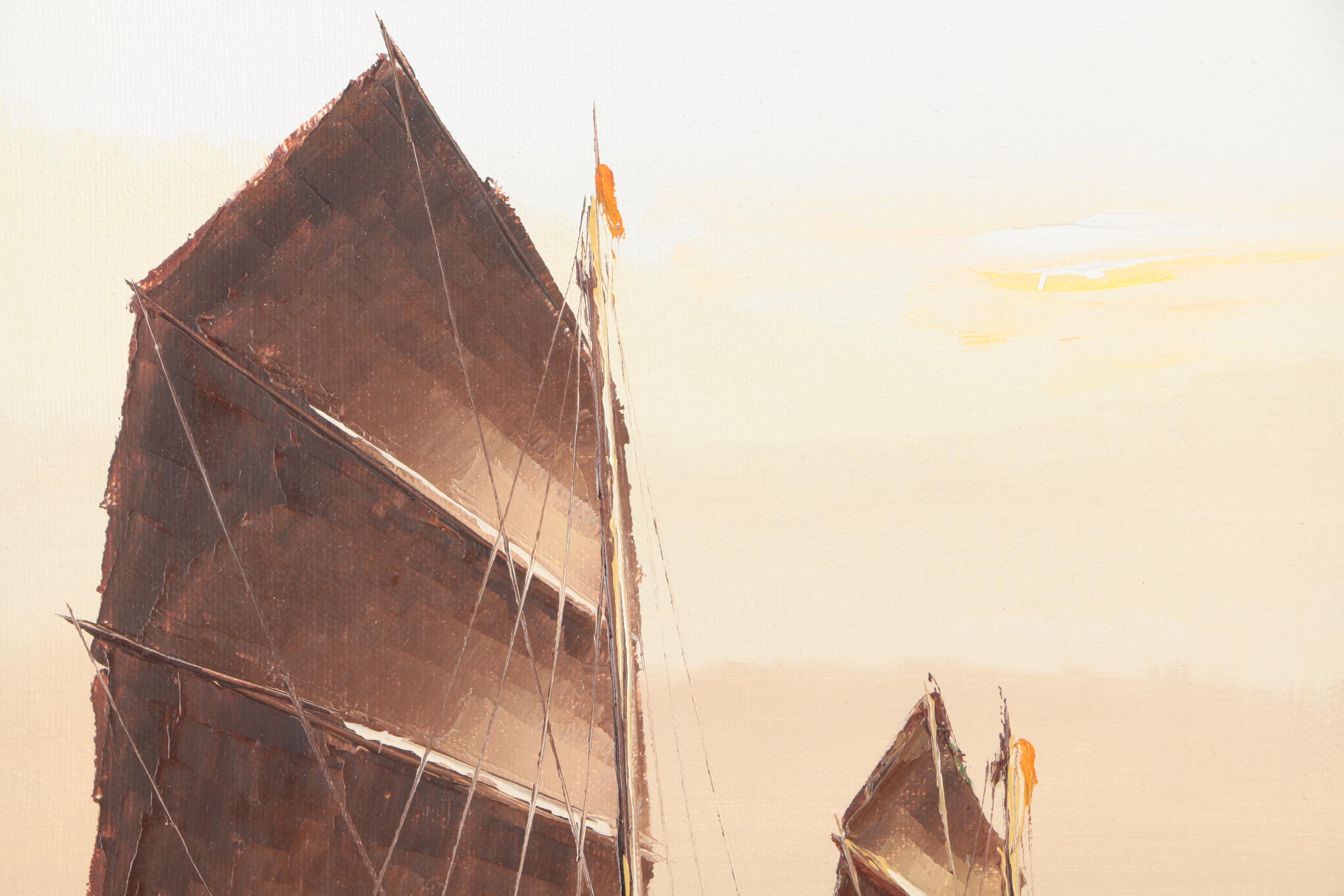 P. Wong Oil Paintings on Canvas of Chinese Boats