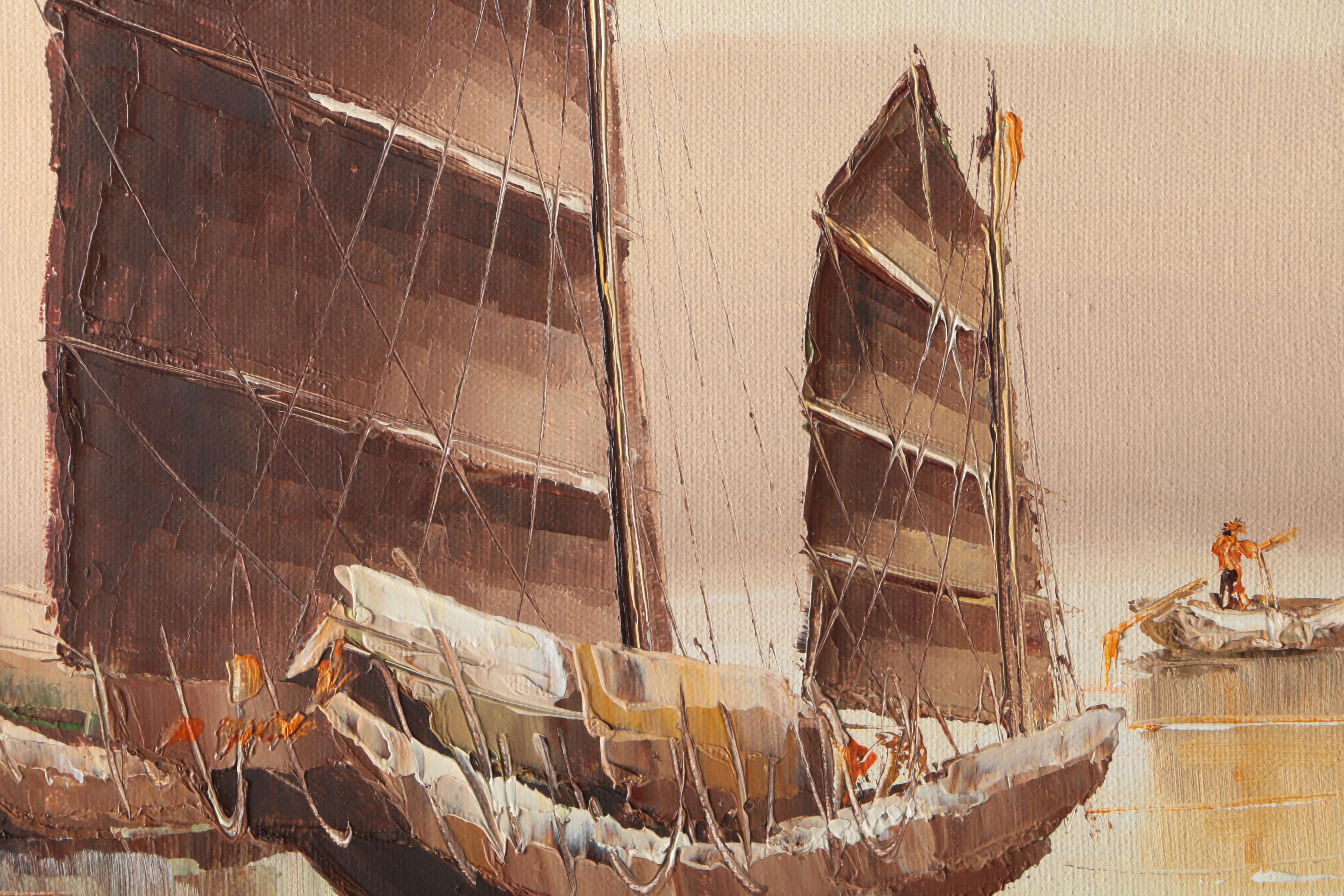 P. Wong Oil Paintings on Canvas of Chinese Boats