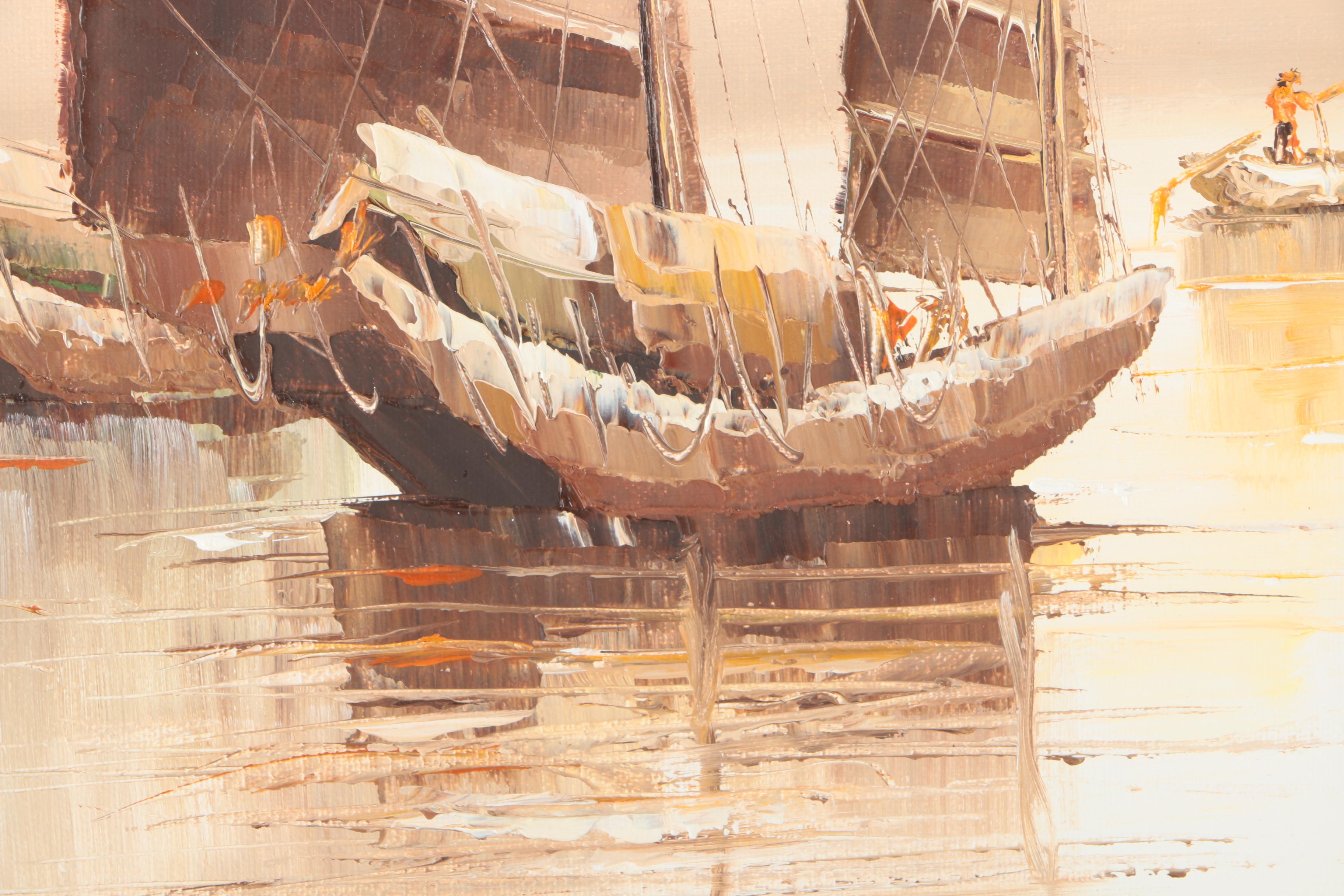P. Wong Oil Paintings on Canvas of Chinese Boats