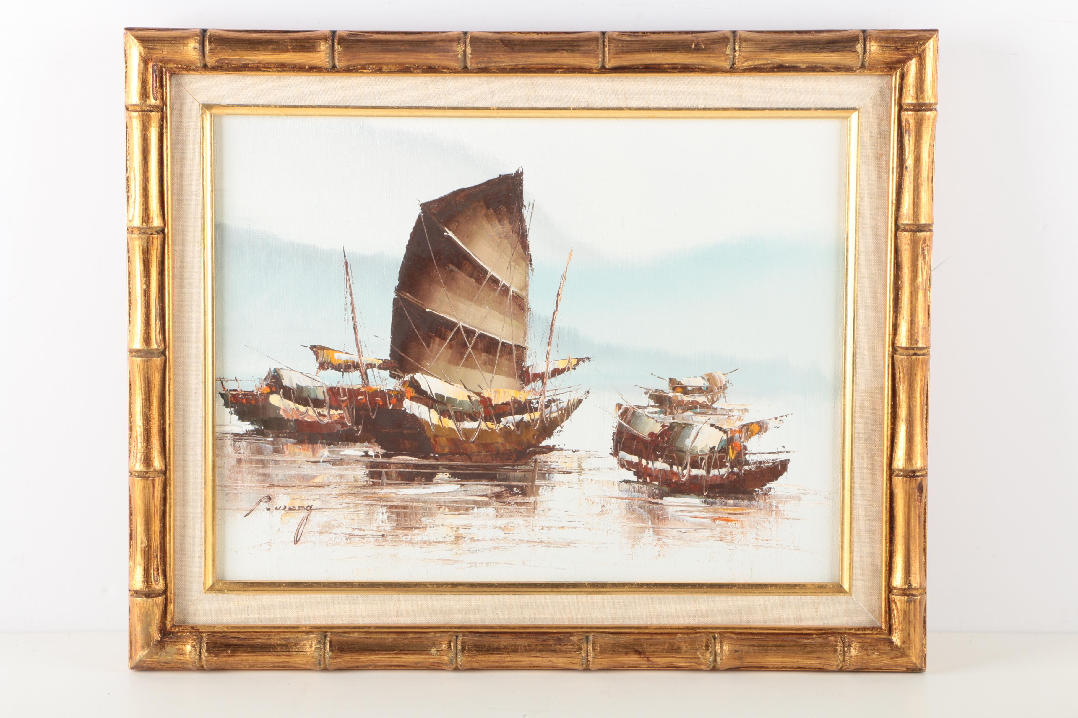 P. Wong Oil Paintings on Canvas of Chinese Boats