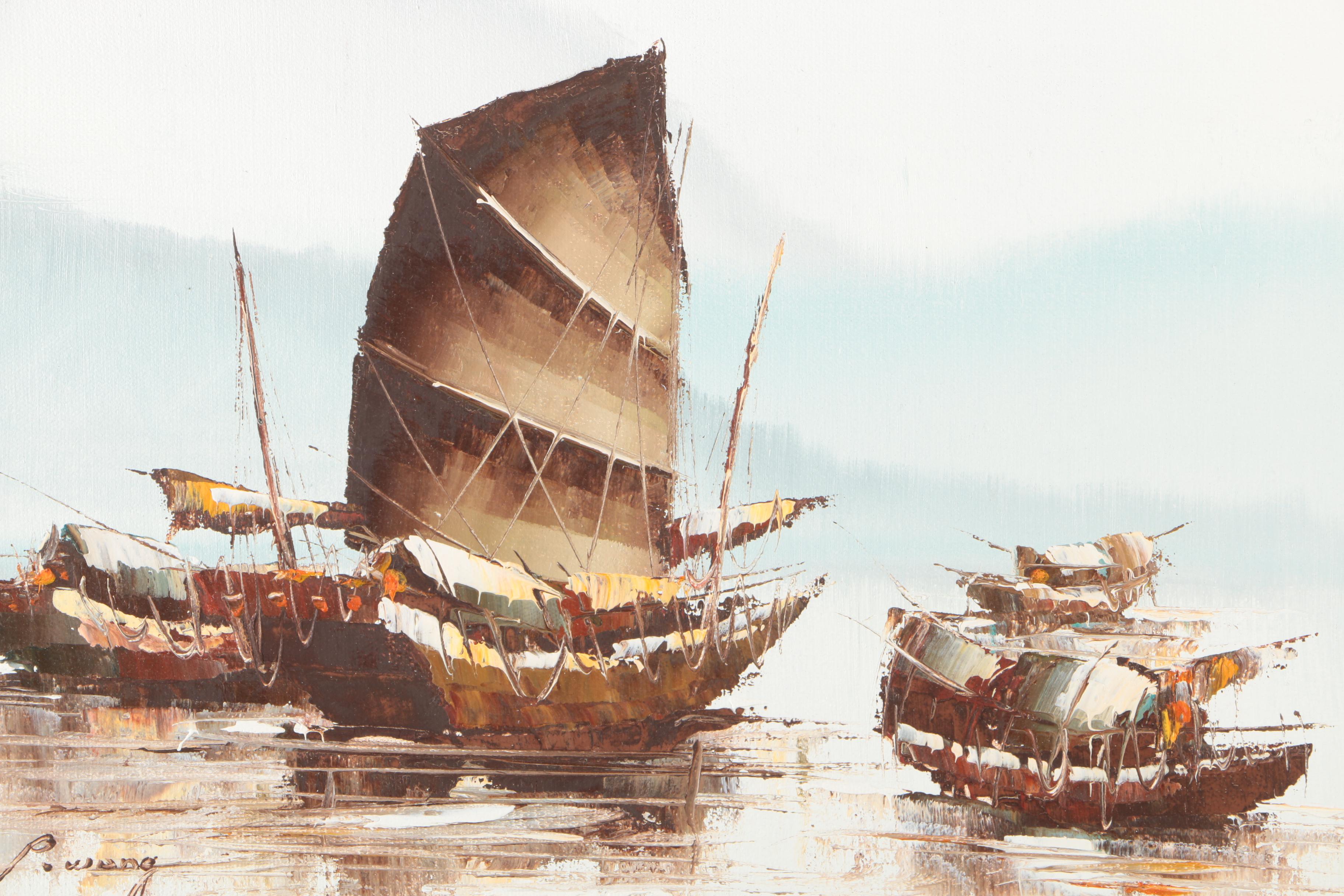 P. Wong Oil Paintings on Canvas of Chinese Boats