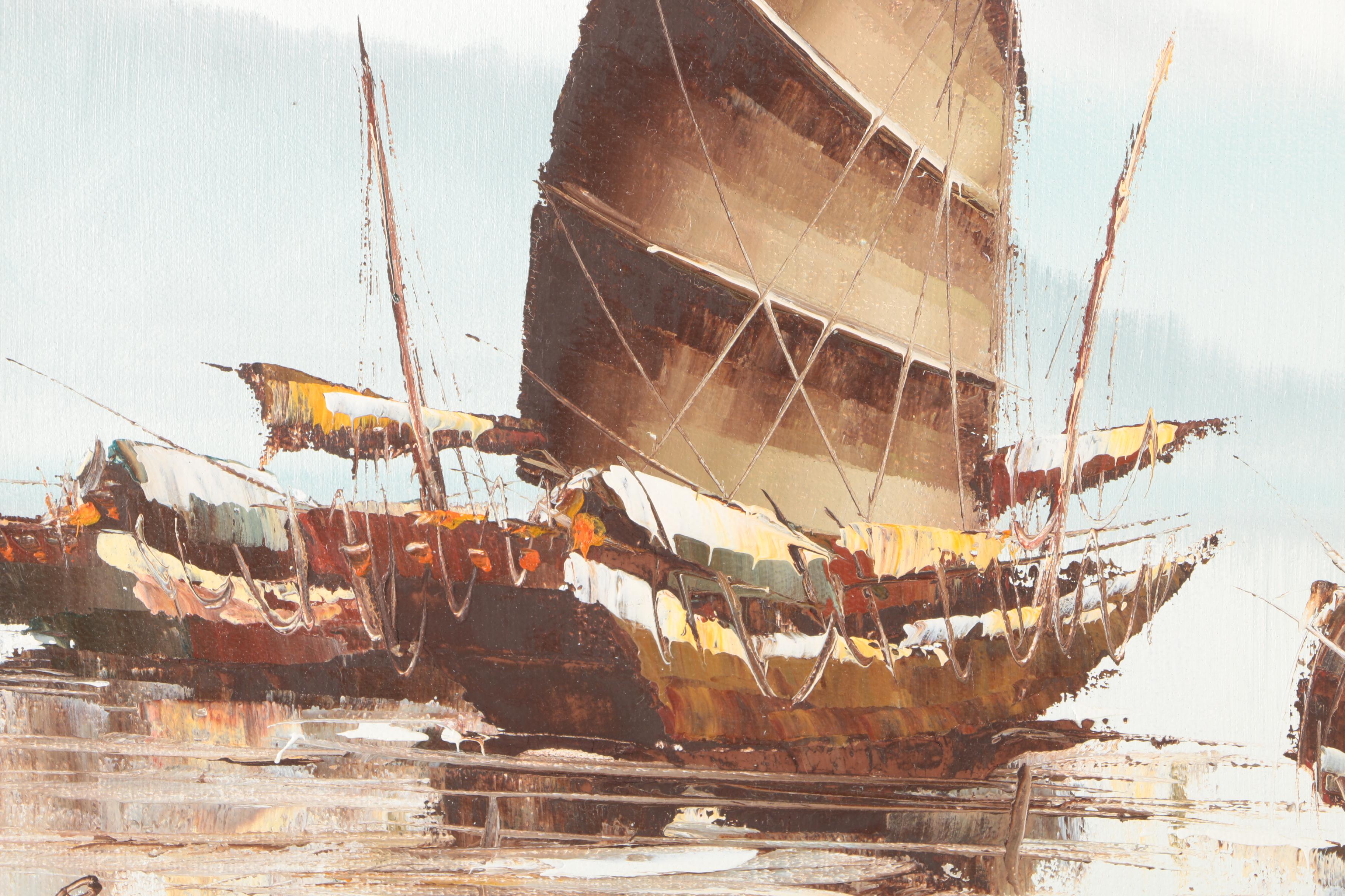 P. Wong Oil Paintings on Canvas of Chinese Boats