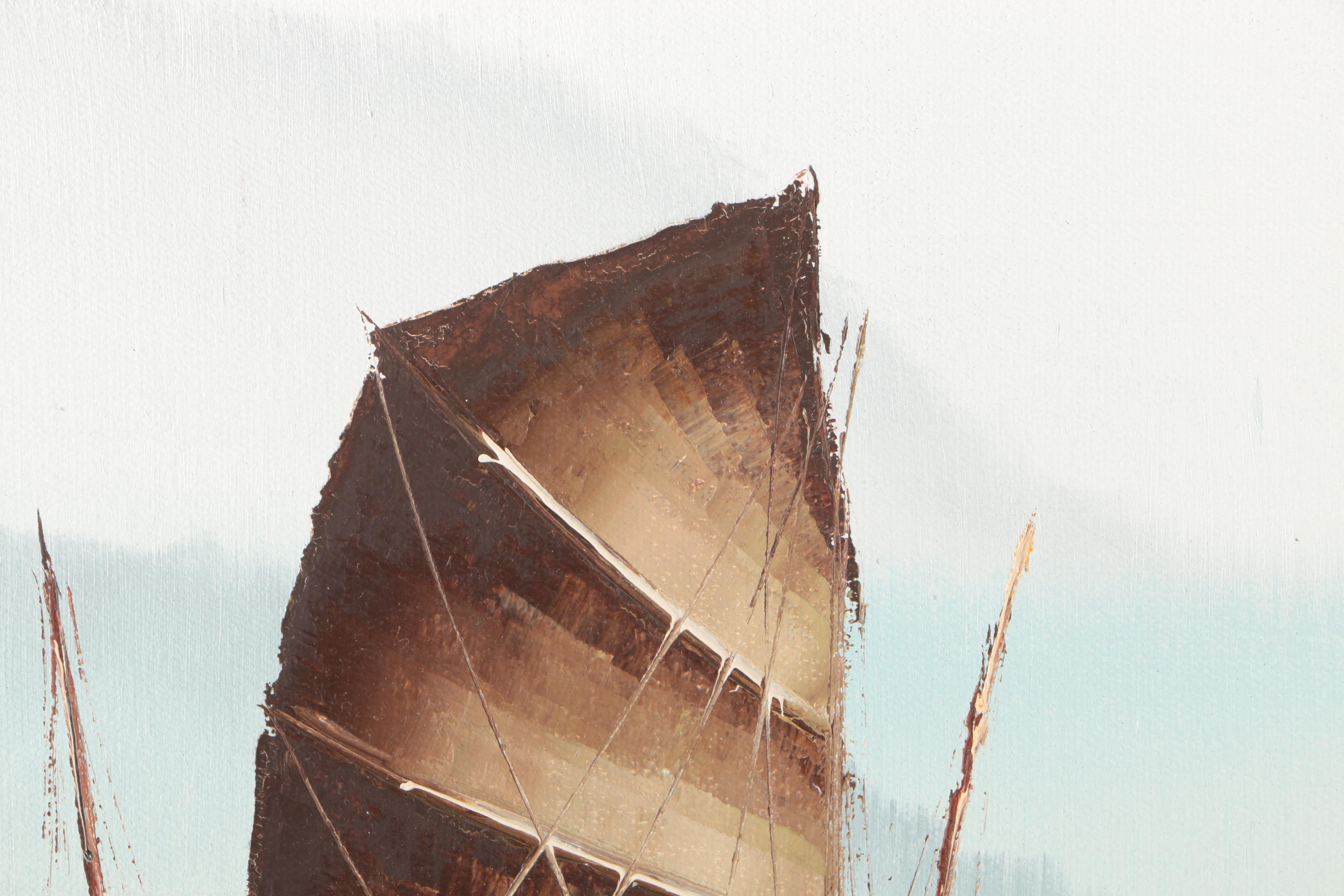 P. Wong Oil Paintings on Canvas of Chinese Boats