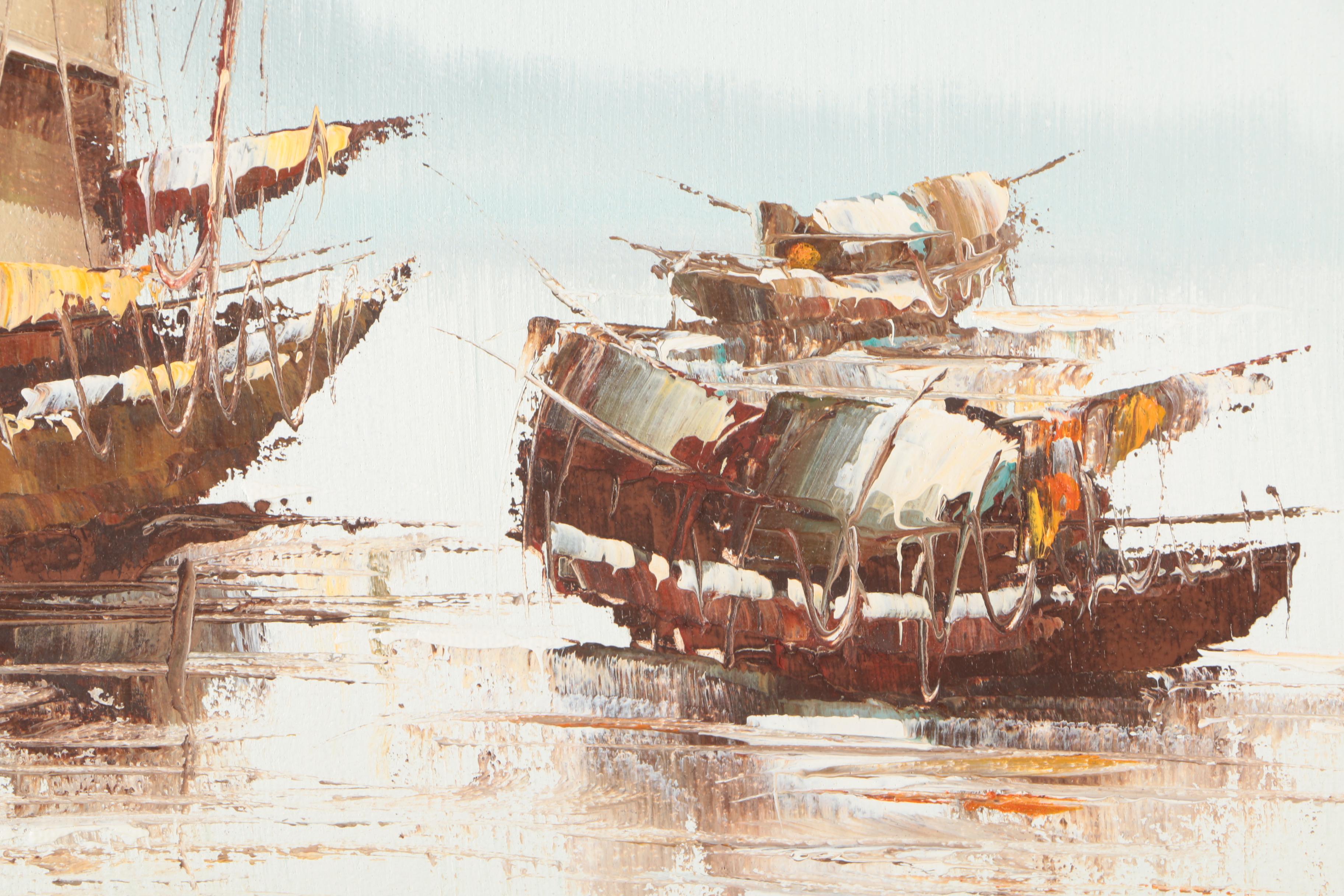 P. Wong Oil Paintings on Canvas of Chinese Boats