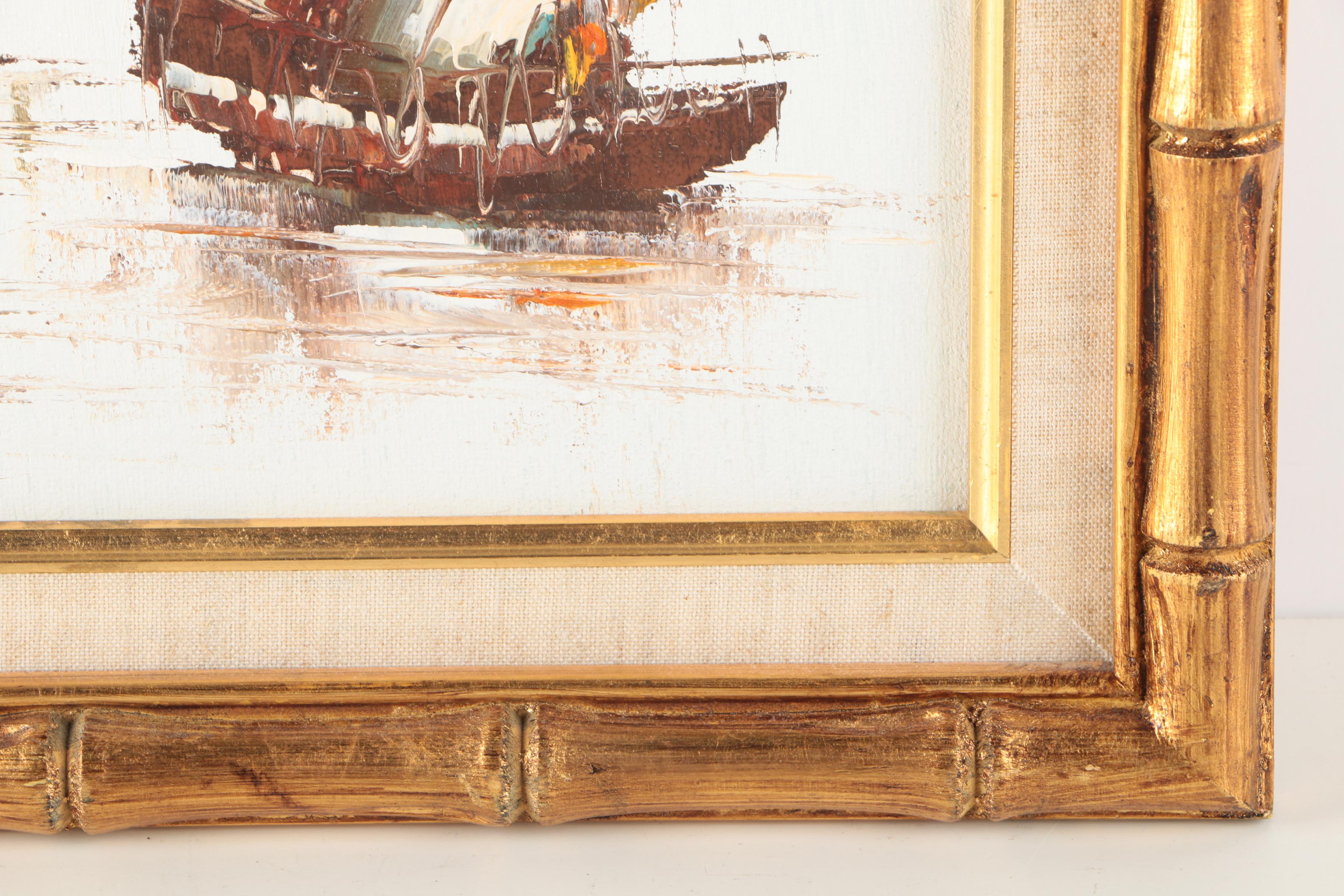 P. Wong Oil Paintings on Canvas of Chinese Boats