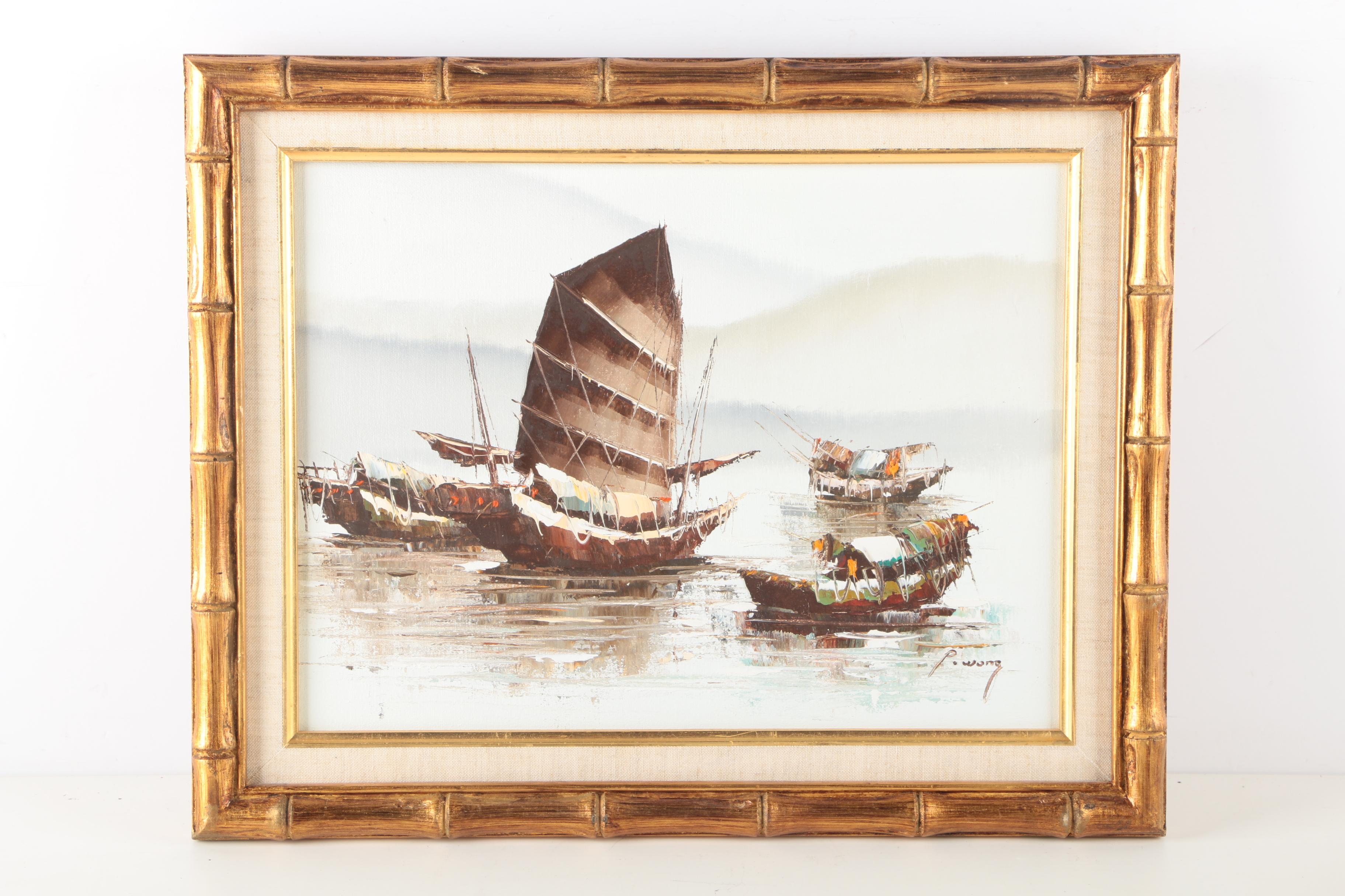 P. Wong Oil Paintings on Canvas of Chinese Boats