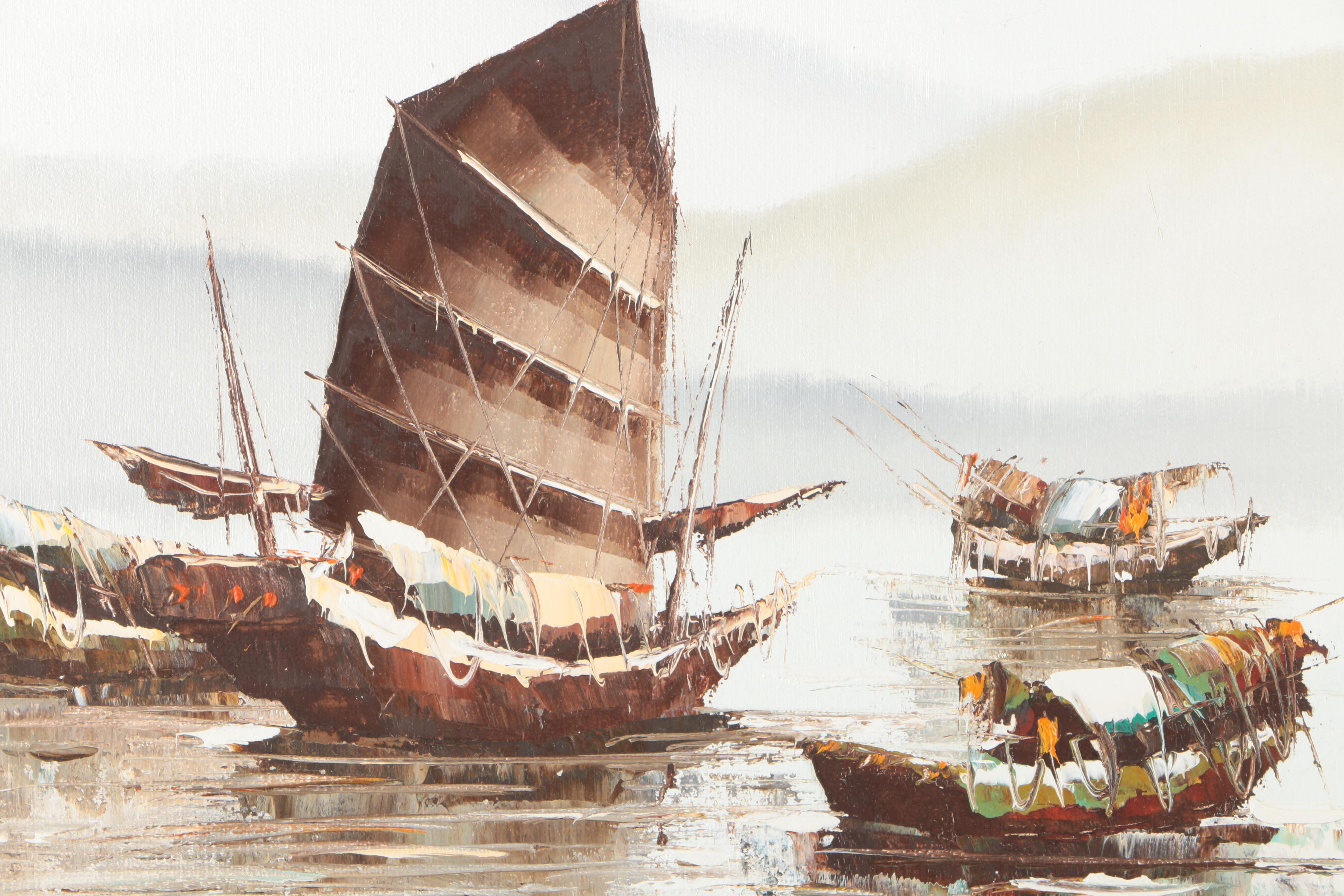 P. Wong Oil Paintings on Canvas of Chinese Boats