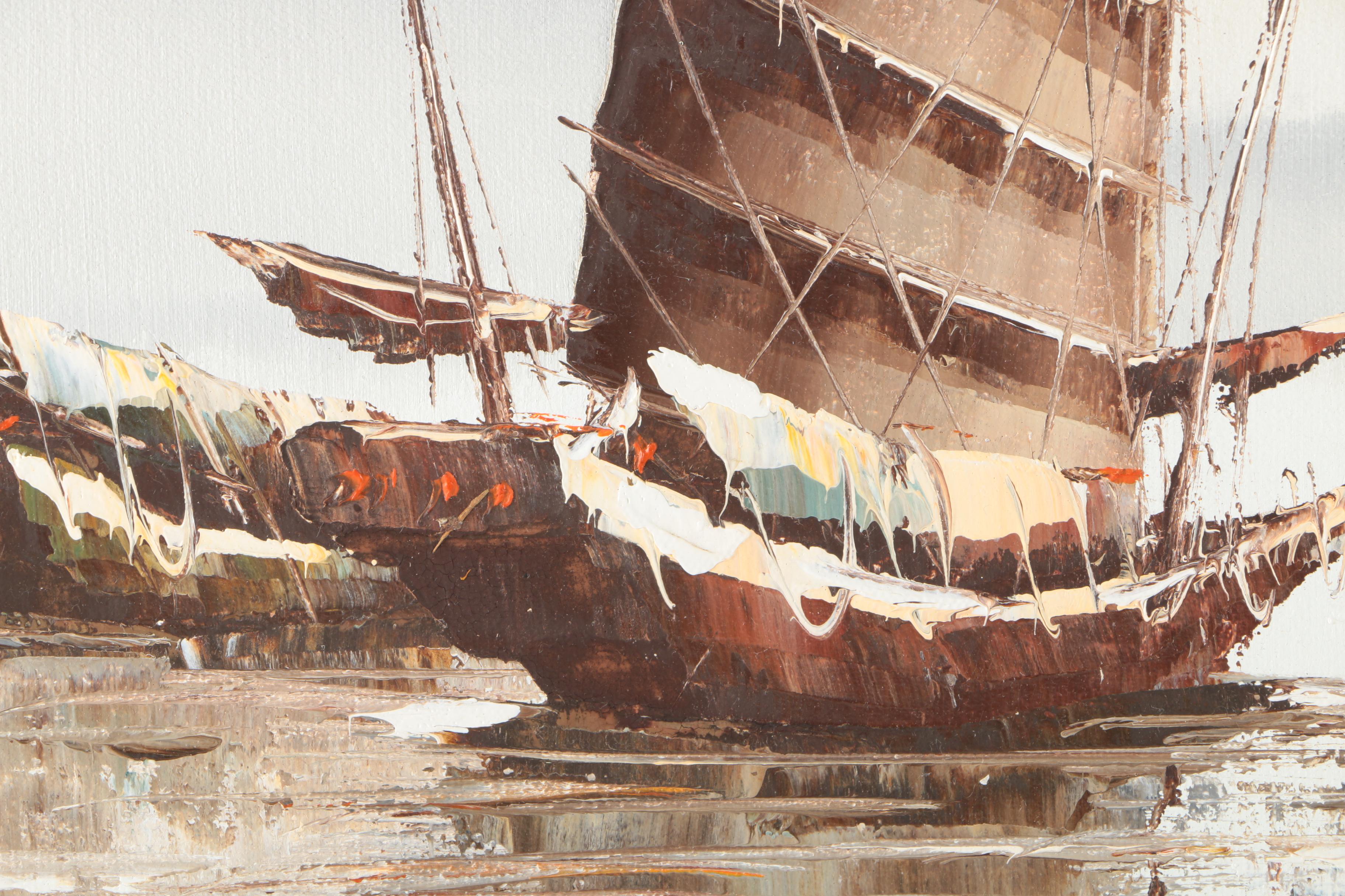 P. Wong Oil Paintings on Canvas of Chinese Boats