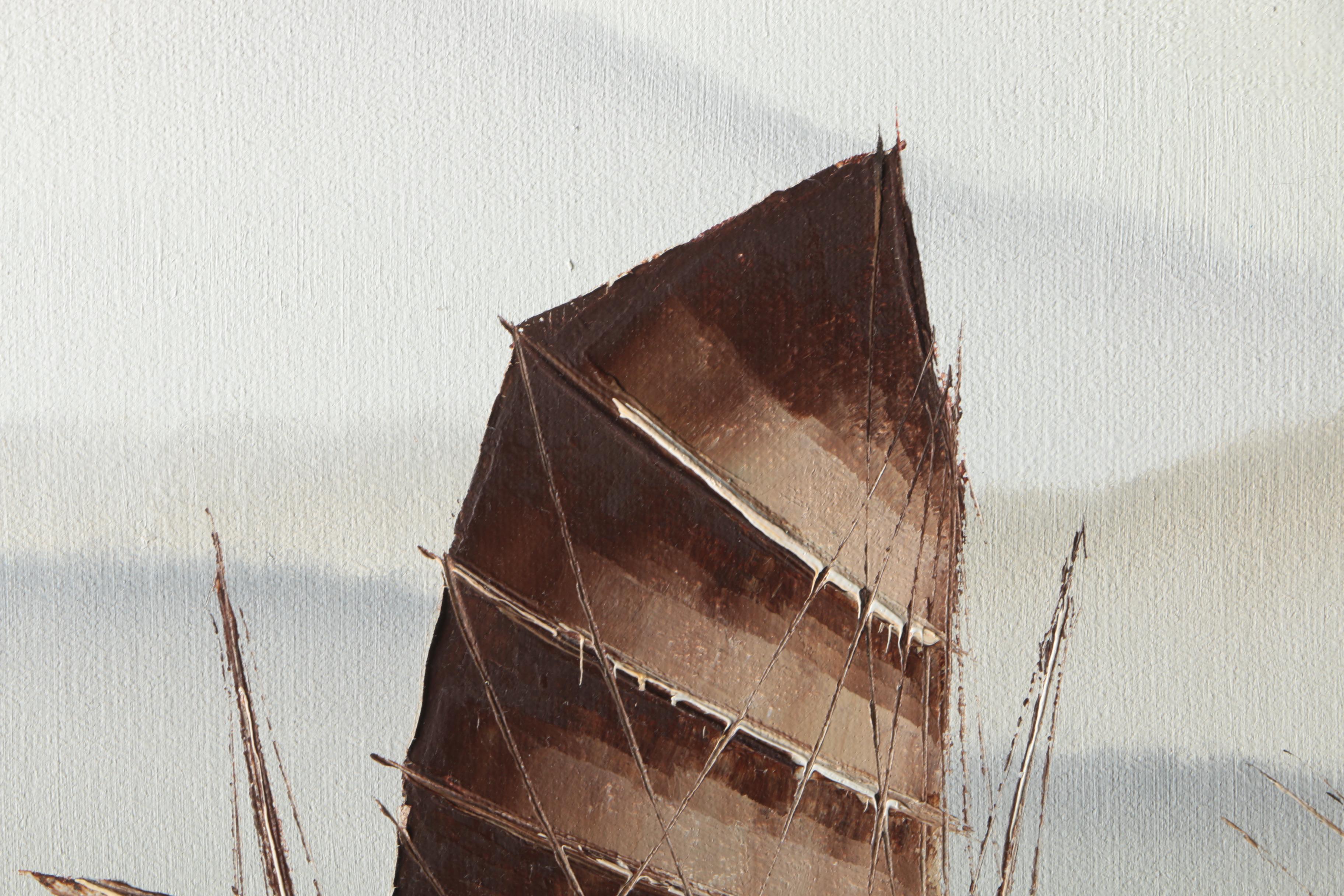 P. Wong Oil Paintings on Canvas of Chinese Boats