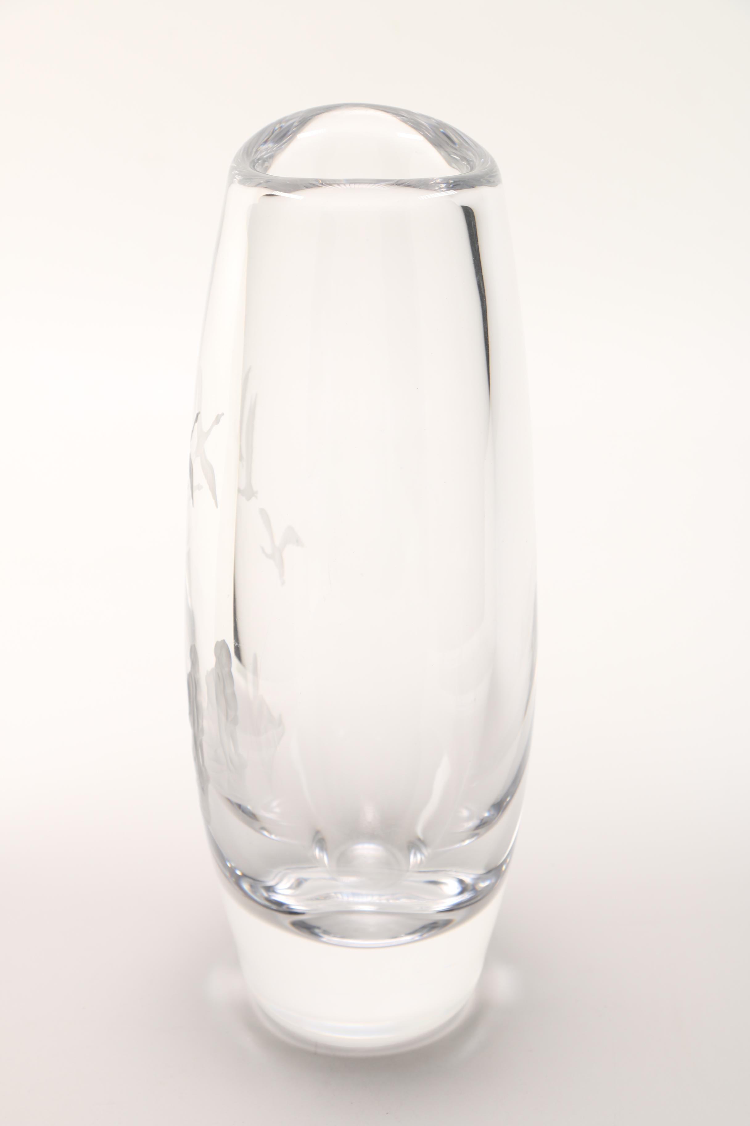 Orrefors Geese Pattern Etched Crystal Vase