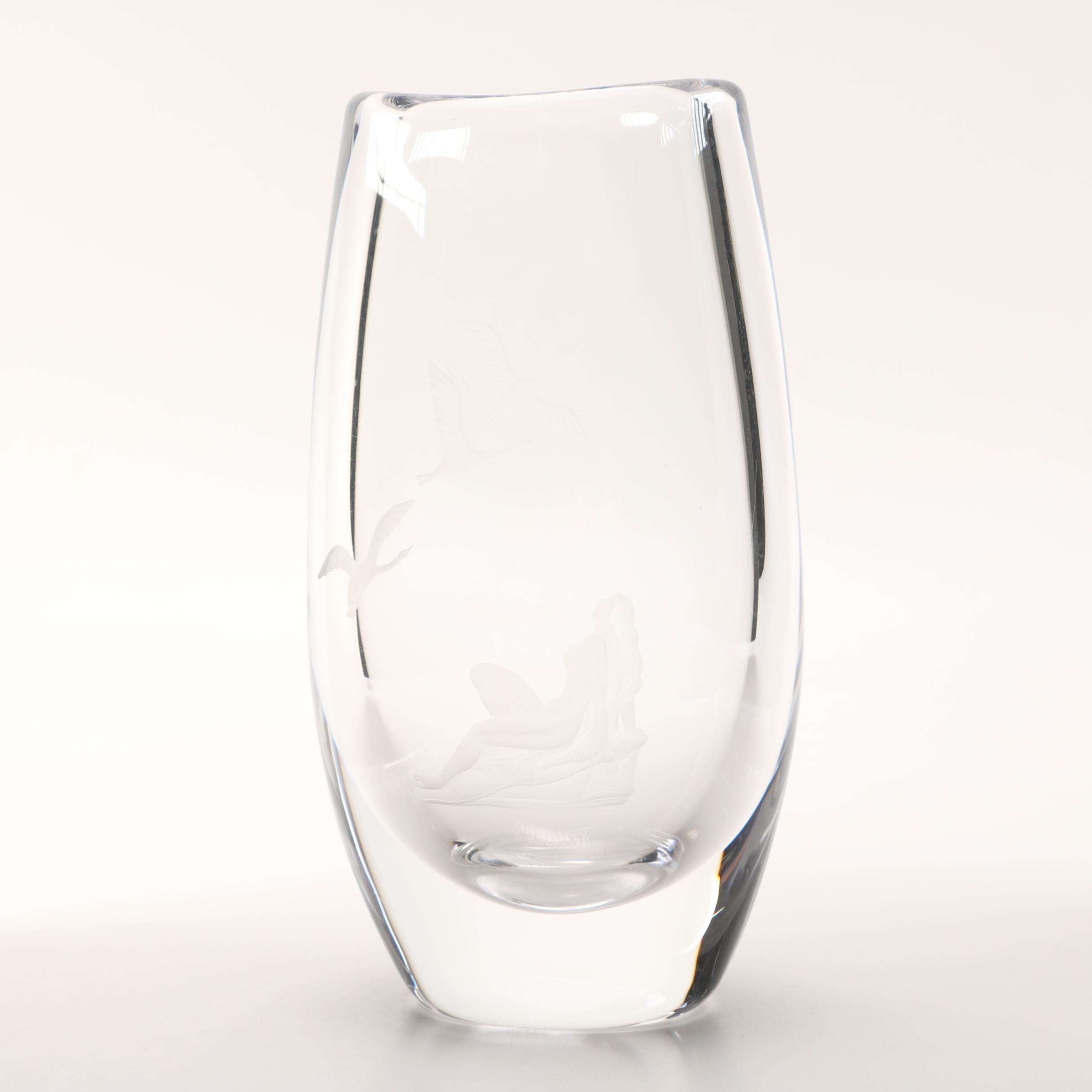 Orrefors Geese Pattern Etched Crystal Vase