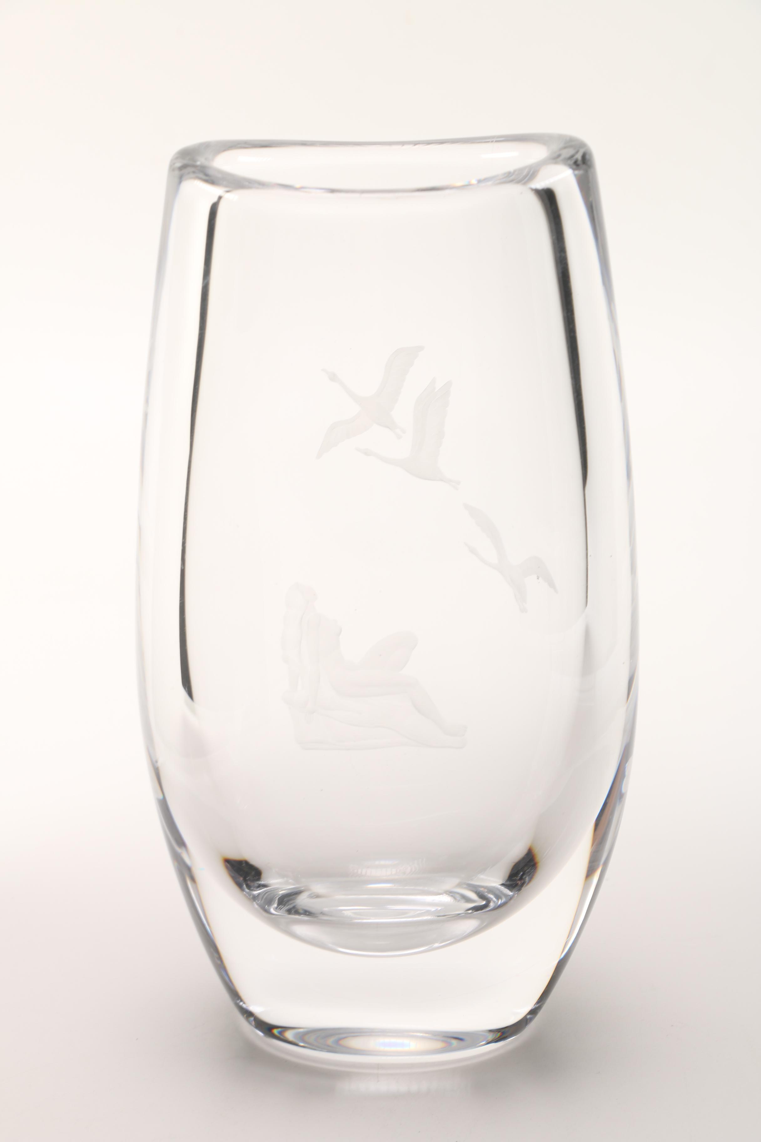 Orrefors Geese Pattern Etched Crystal Vase