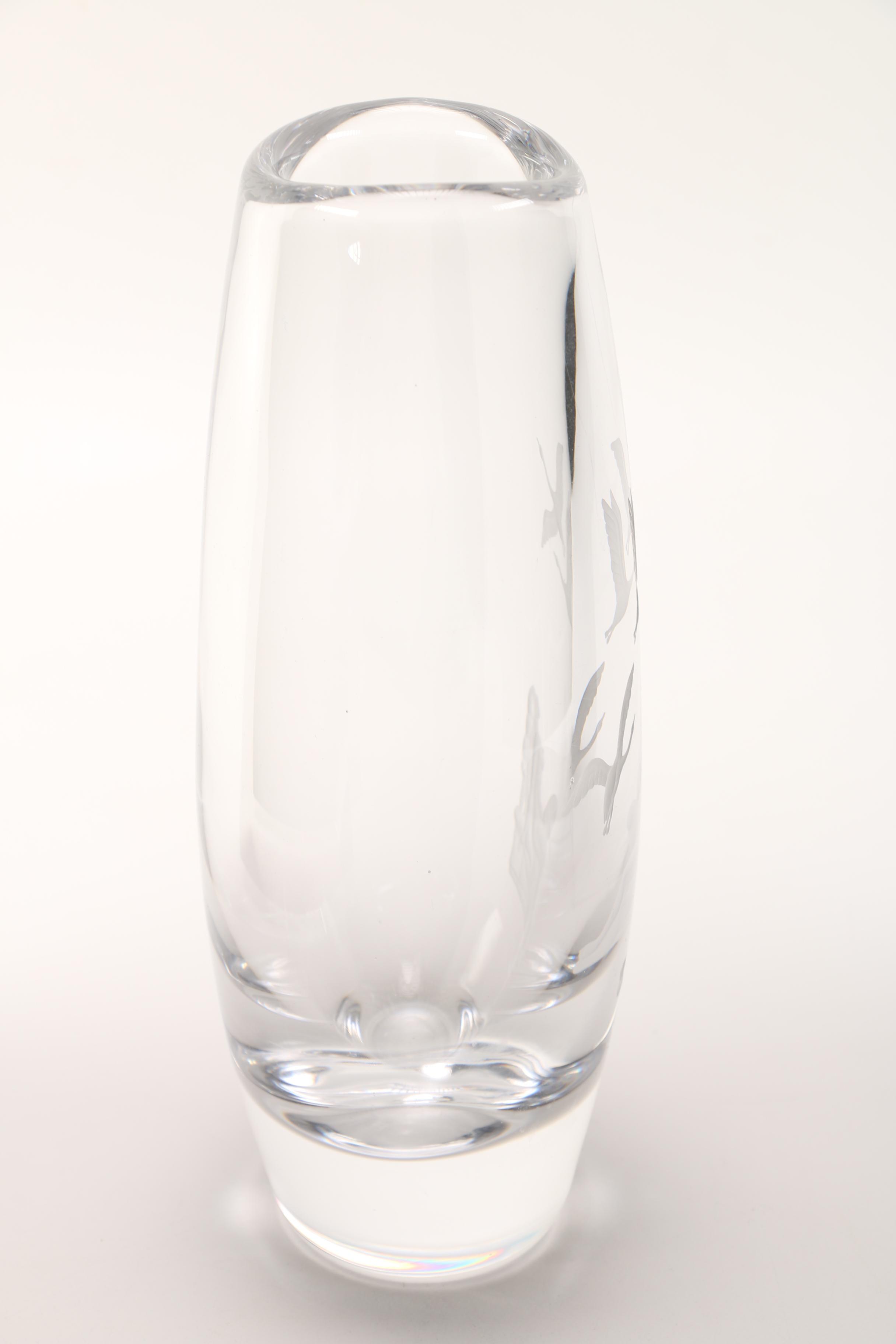 Orrefors Geese Pattern Etched Crystal Vase