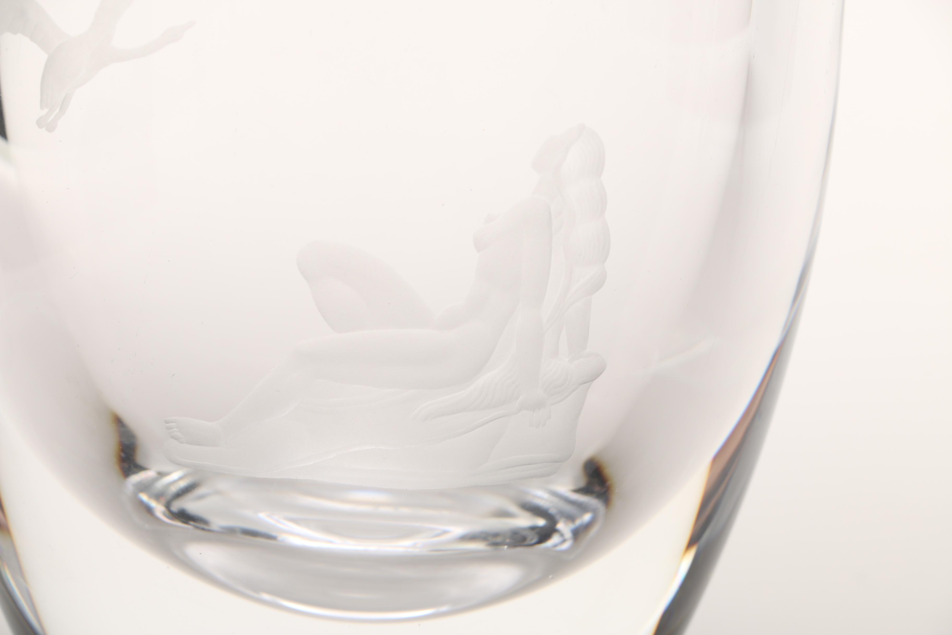 Orrefors Geese Pattern Etched Crystal Vase