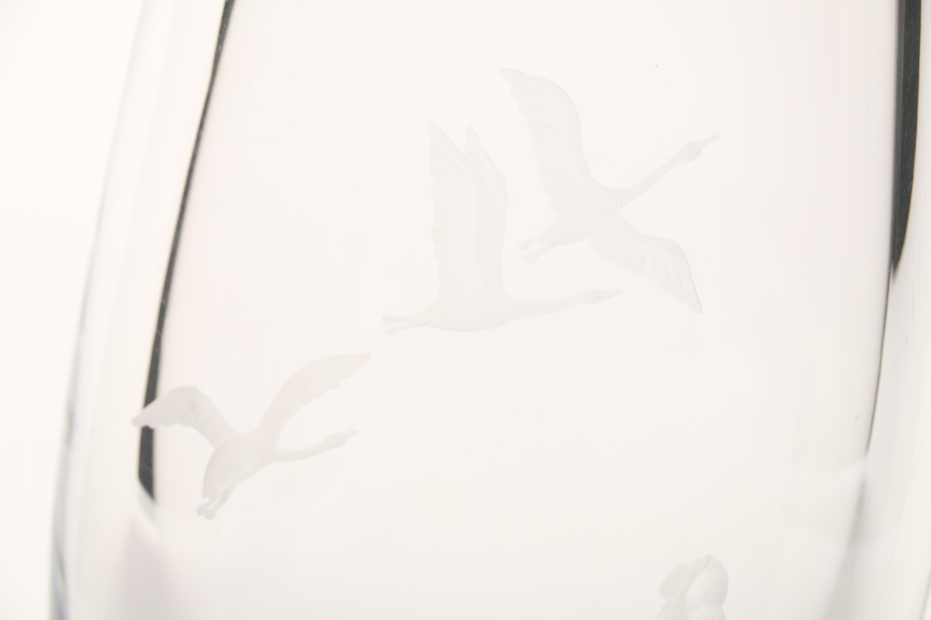Orrefors Geese Pattern Etched Crystal Vase