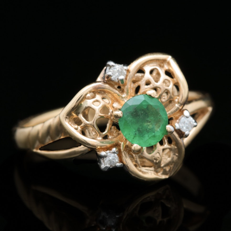 14K Gold, Emerald and Diamond Ring