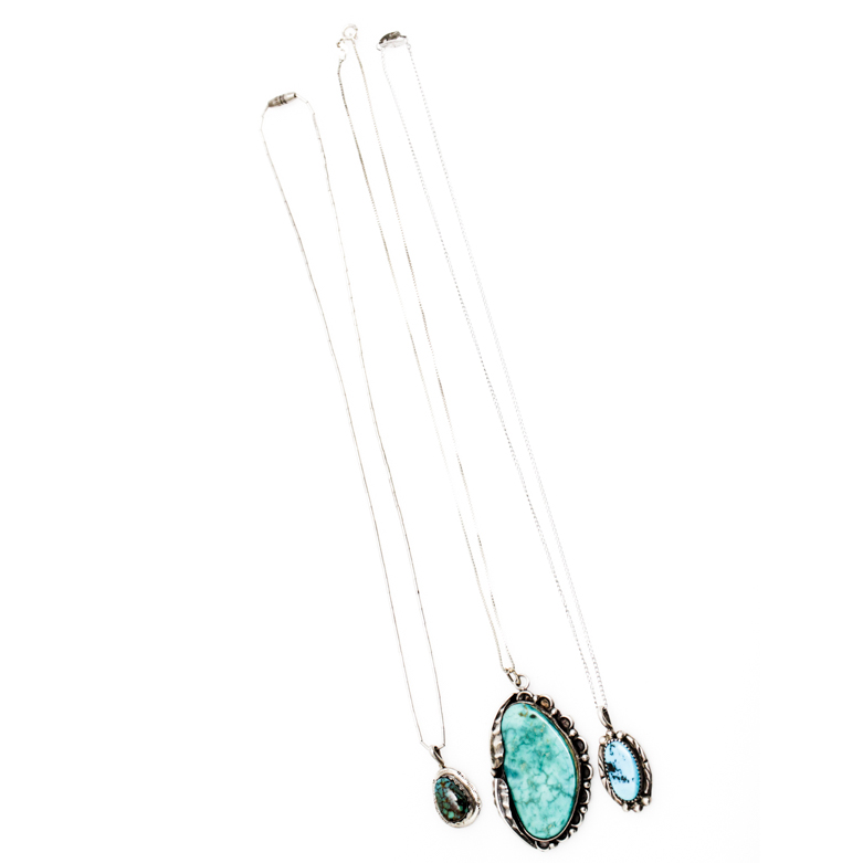 Navajo Sterling Silver Turquoise Pendants by James Boyd, Clyde Begay, and Irma Ignacio