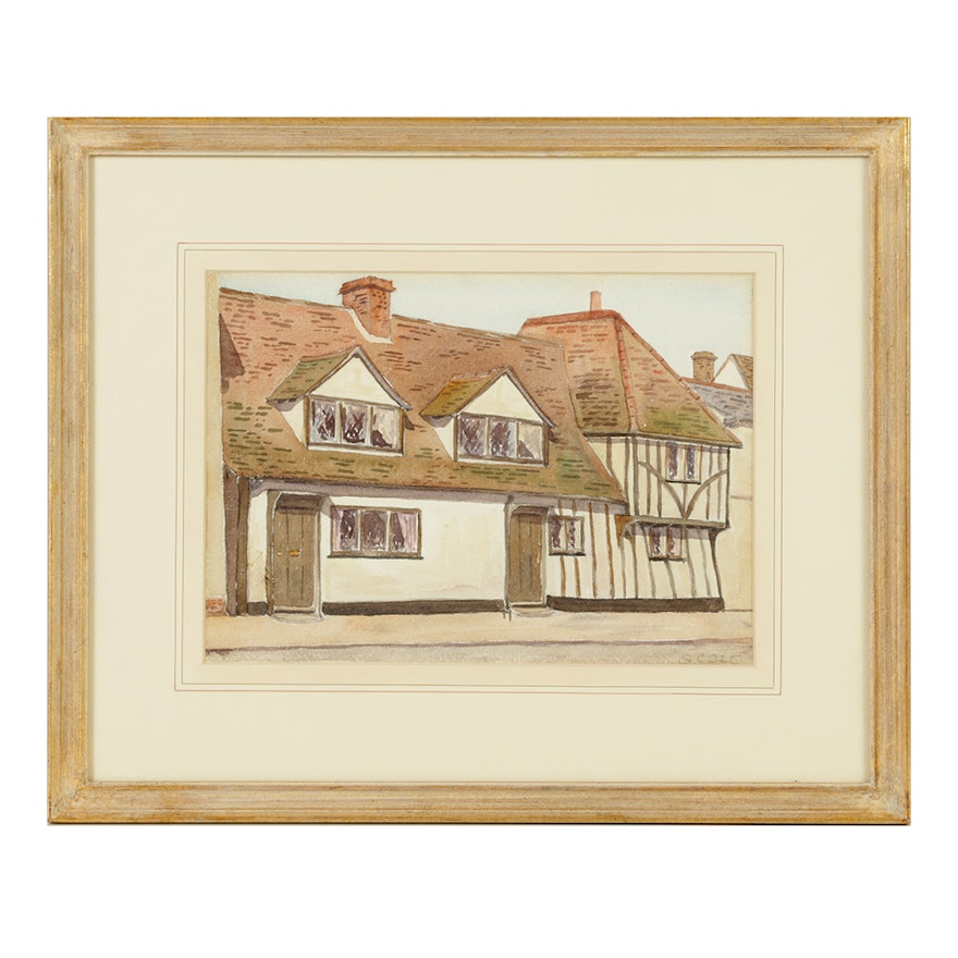 20th-Century Watercolor Painting on Paper "Cottage"