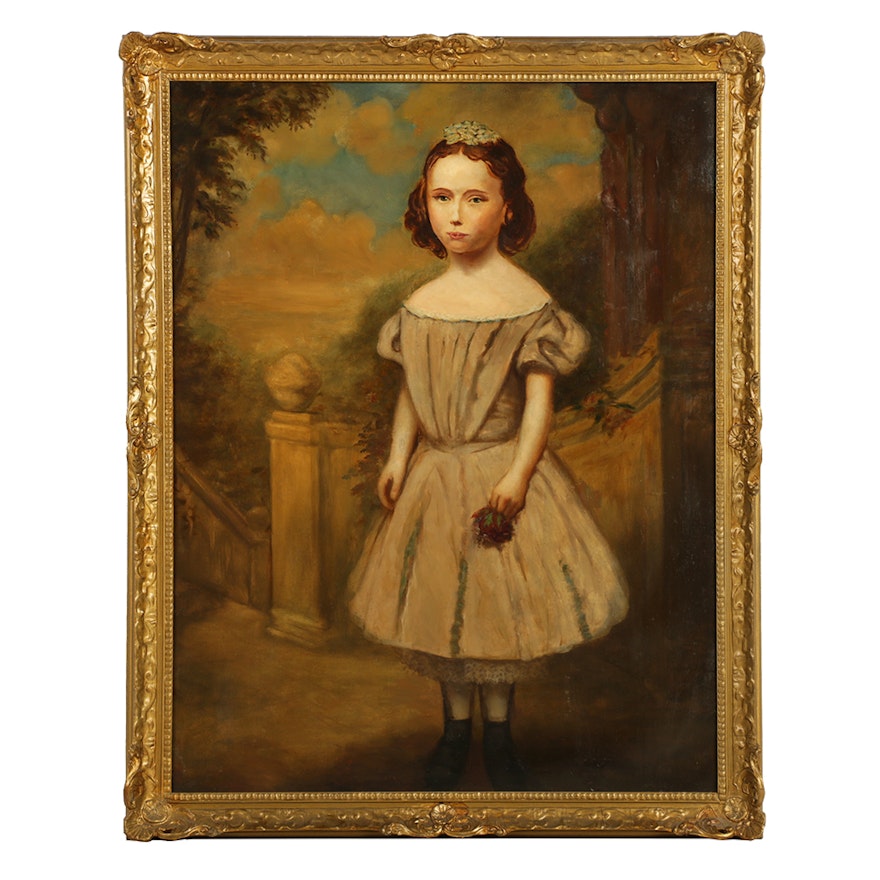 19th-Century Oil on Canvas Portrait of a Young Girl