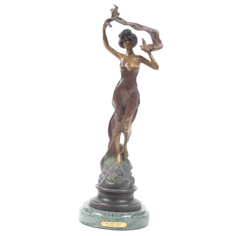 Reproduction Bronze Sculpture After Emmanuele Villanis "Girl with Scarf"