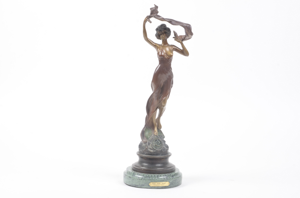 Reproduction Bronze Sculpture After Emmanuele Villanis "Girl with Scarf"