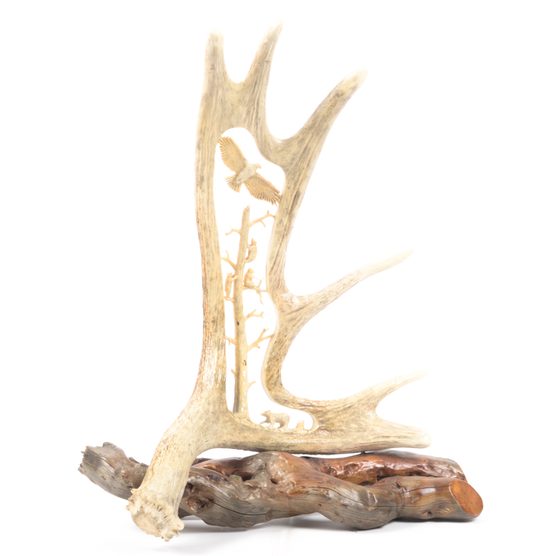Hand-Carved Animal Antler Eagle With Bear Cubs