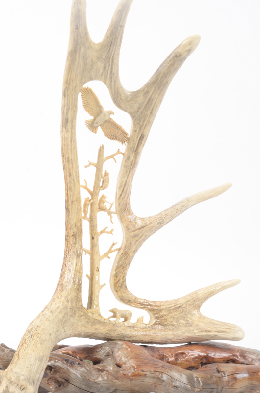 Hand-Carved Animal Antler Eagle With Bear Cubs