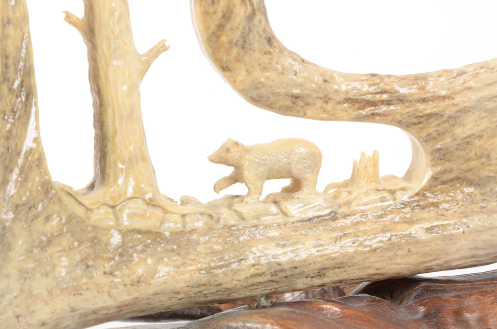 Hand-Carved Animal Antler Eagle With Bear Cubs