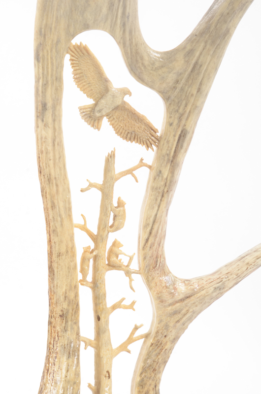 Hand-Carved Animal Antler Eagle With Bear Cubs