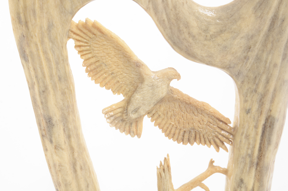 Hand-Carved Animal Antler Eagle With Bear Cubs