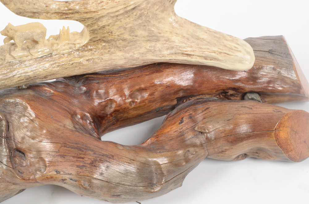 Hand-Carved Animal Antler Eagle With Bear Cubs