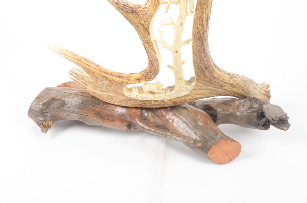 Hand-Carved Animal Antler Eagle With Bear Cubs