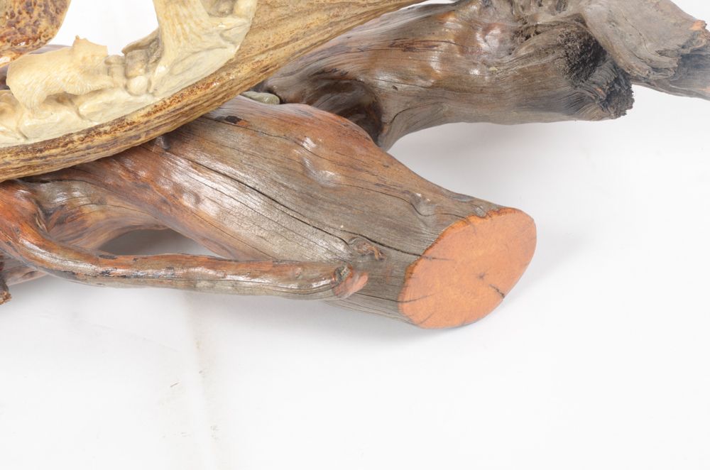 Hand-Carved Animal Antler Eagle With Bear Cubs
