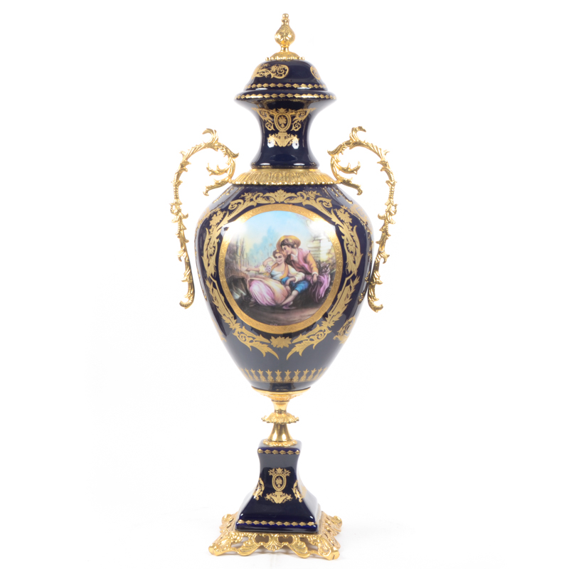 Contemporary Sevres Style Porcelain Urn With Gold-Tone Mounts