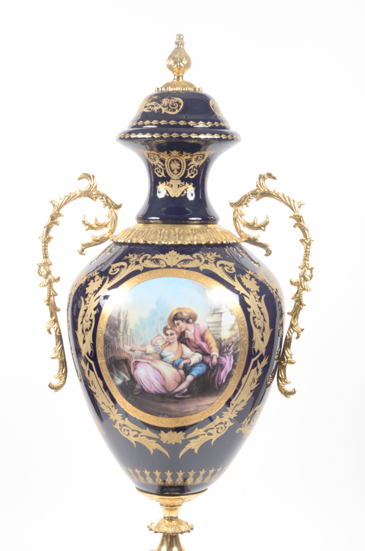 Contemporary Sevres Style Porcelain Urn With Gold-Tone Mounts