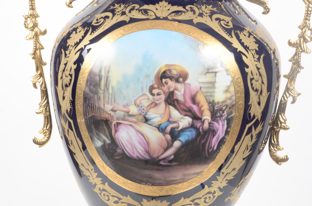 Contemporary Sevres Style Porcelain Urn With Gold-Tone Mounts