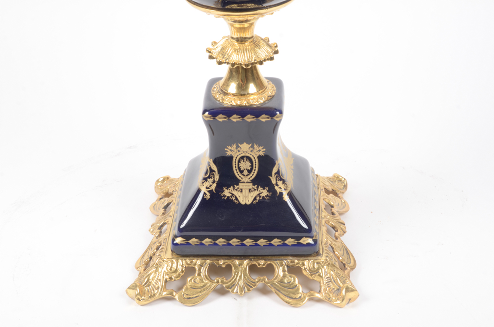Contemporary Sevres Style Porcelain Urn With Gold-Tone Mounts