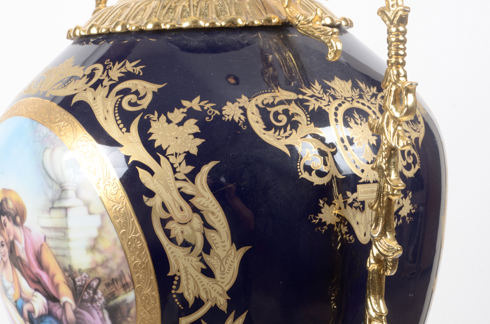 Contemporary Sevres Style Porcelain Urn With Gold-Tone Mounts