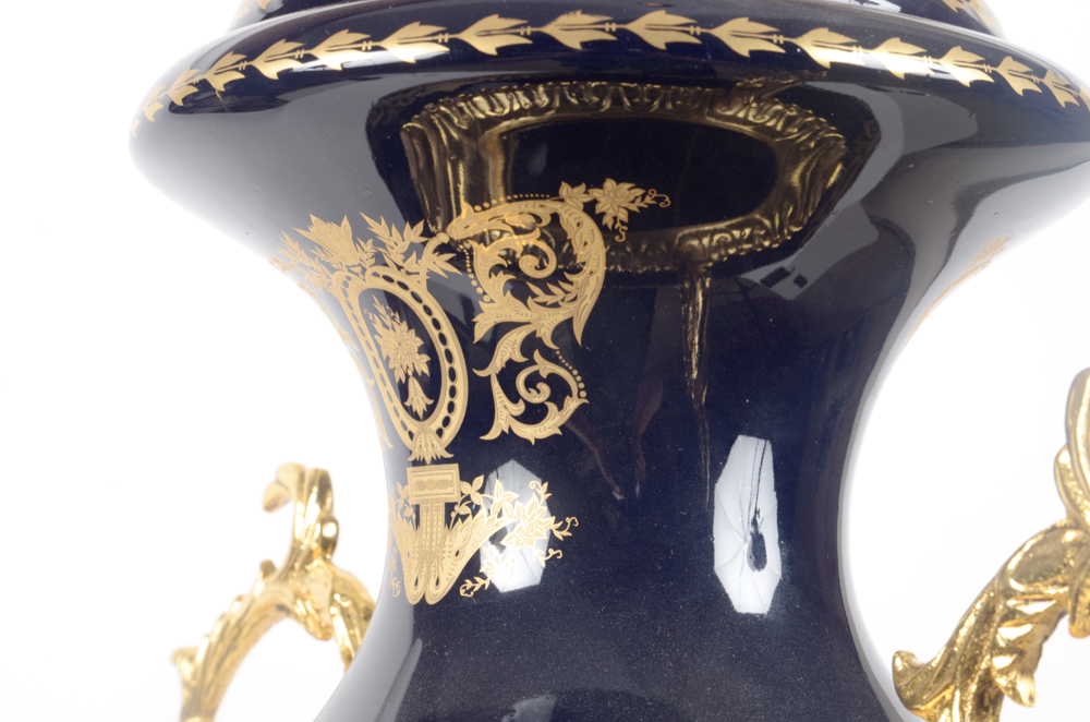 Contemporary Sevres Style Porcelain Urn With Gold-Tone Mounts