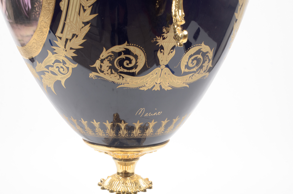 Contemporary Sevres Style Porcelain Urn With Gold-Tone Mounts